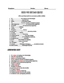 ser and estar worksheet answer key